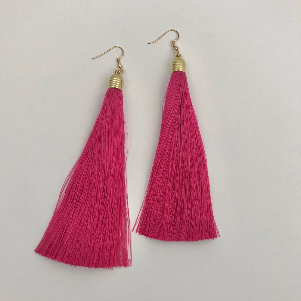 🔴 Hot Pink Long Tassel  Drop Fringe Earrings